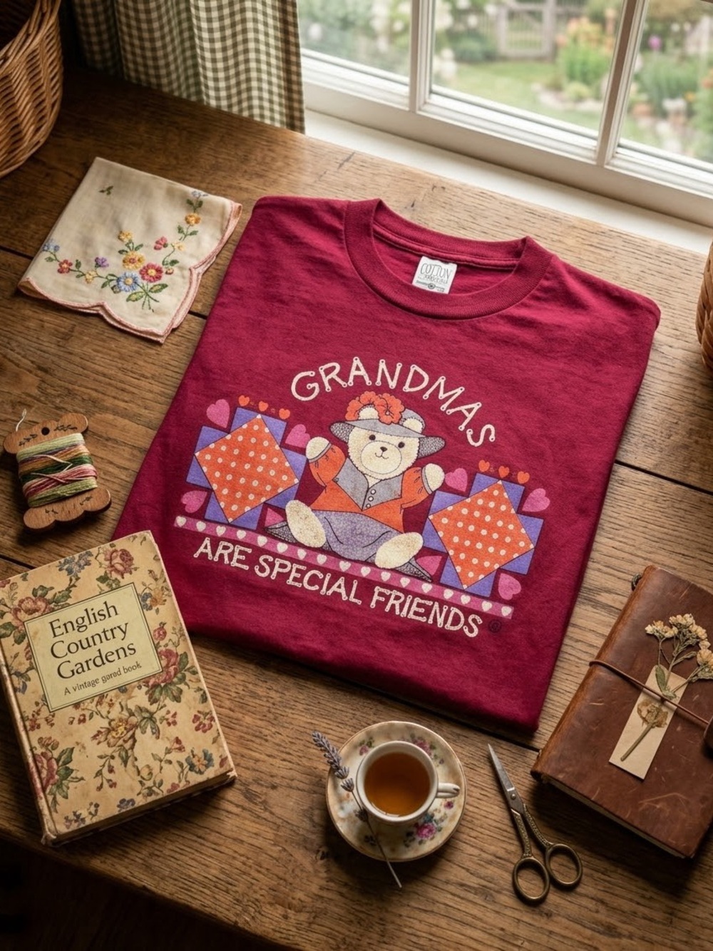 Vintage 90’s T-Shirt Grandma Core Cottage Core Country Kitchy Made in USA Maroon